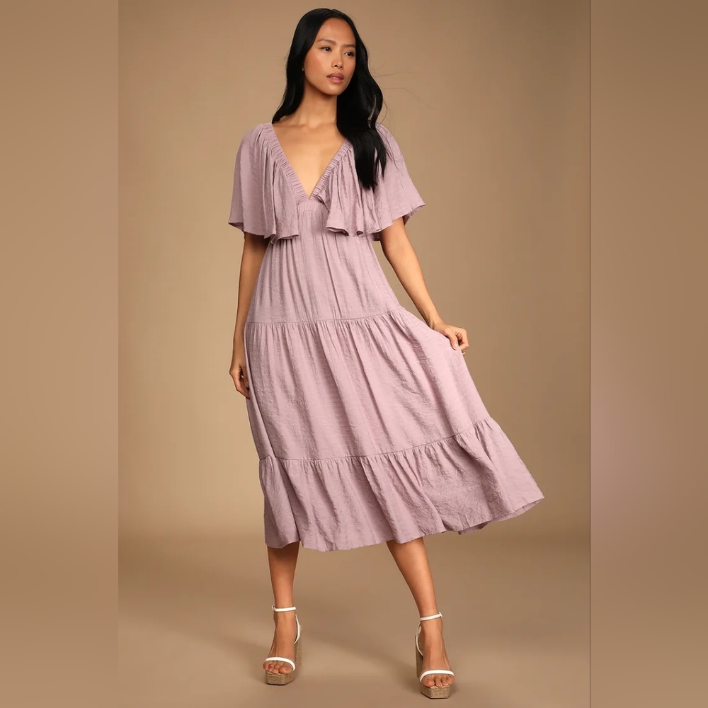 Lulu's Breeze to Be Mauve Purple Short Sleeve Tiered Midi Dress - Size Large